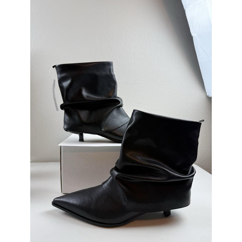 Time And Tru Black Scrunch Fold Over Pointed Toe Kitten Heel Boots Womens Sz 9 - Picture 5 of 9